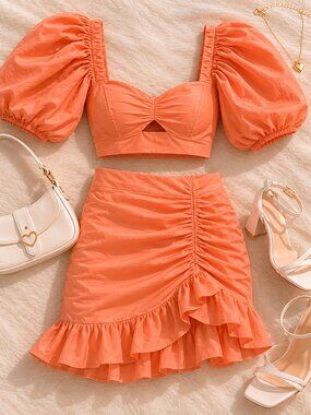 🍑Orange Puff Sleeve Ruched Skirt Set